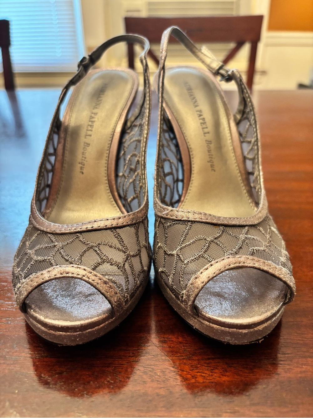 Papell Boutique Metallic Taupe Lace Peep-Toe Slingbacks